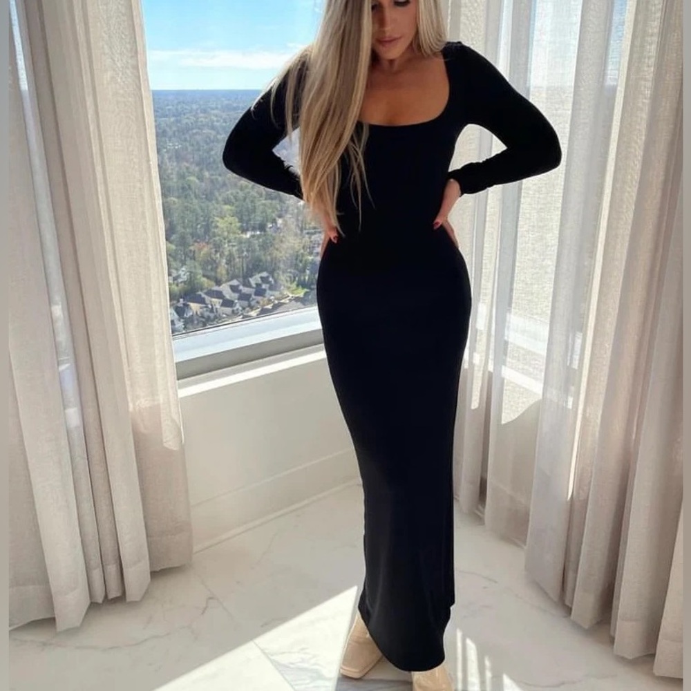 SKIMS Black Long Sleeve Scoop Neck Maxi Dress